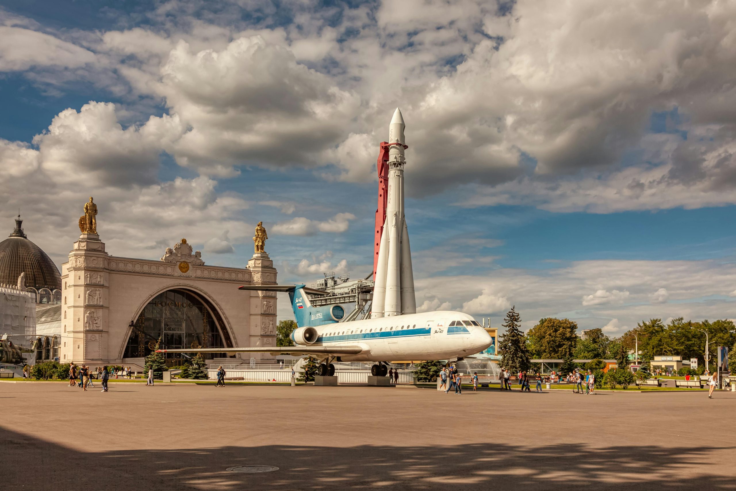 Airplane and rocket exhibit at a museum in Moscow, showcasing aviation history.